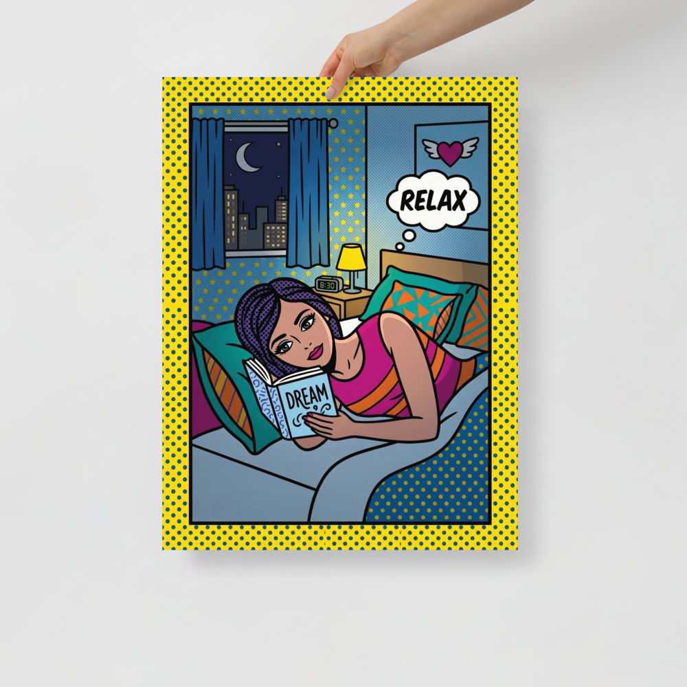 'Relax and Dream' — a Pop art print. A comic-style pop art illustration of a woman reading a book titled DREAM in bed, with a thought bubble saying RELAX, perfect for a cozy bedroom.