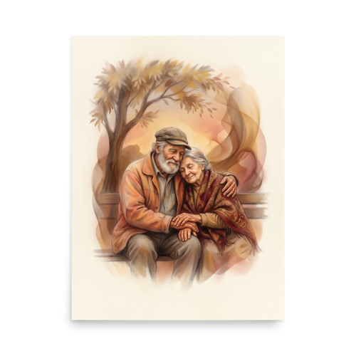 'Autumn Affection' — a Realism print. An elderly couple embraces warmly on a park bench beneath an autumn tree, making this piece a heartwarming addition to a cozy living room.