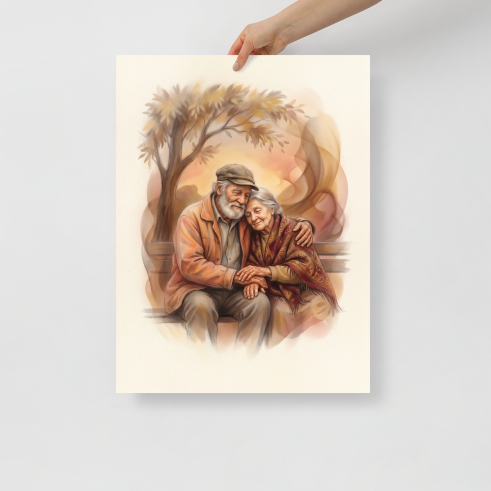 'Autumn Affection' — a Realism print. An elderly couple embraces warmly on a park bench beneath an autumn tree, making this piece a heartwarming addition to a cozy living room.
