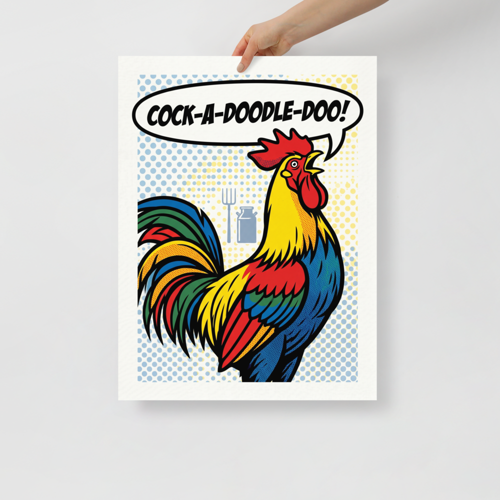 'Morning Call' — a Pop art print. A colorful pop art rooster crowing with a speech bubble saying COCK-A-DOODLE-DOO against a halftone background, perfect for a lively kitchen.