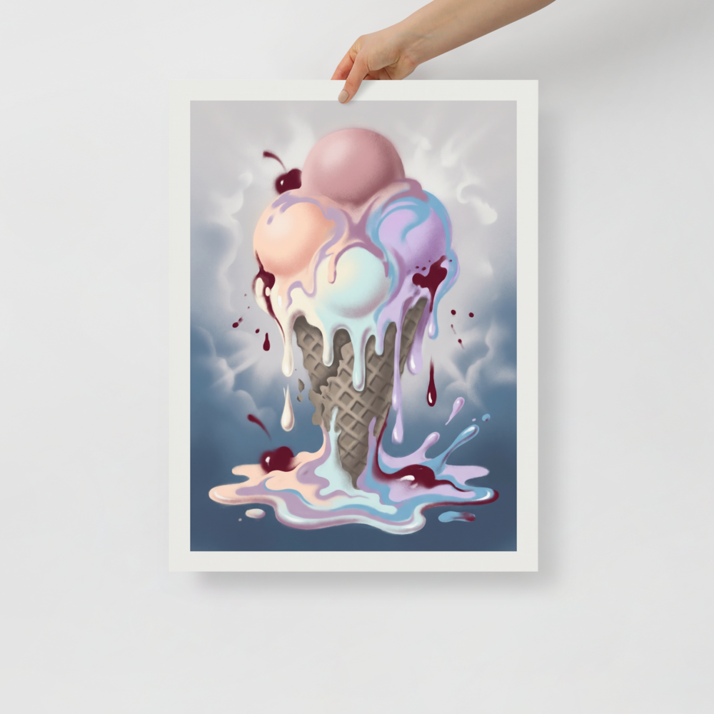 'Melting Pastels' — a Pop art print. A colorful, melting ice cream cone with dripping scoops of pink, blue, and purple, making this a fun addition to a kitchen or dining room.