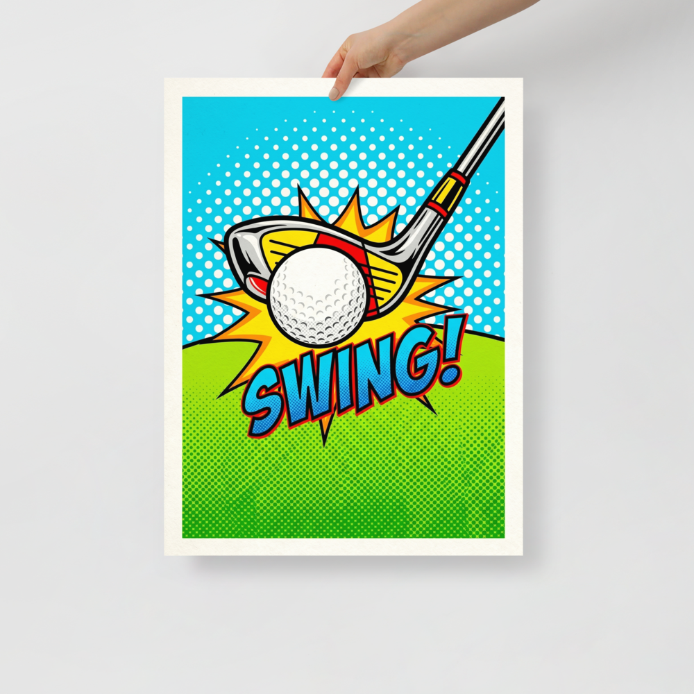 'Comic Swing' — a Pop art print. A colorful pop art image of a golf club hitting a ball with an explosive burst and the word SWING, perfect for a game room.
