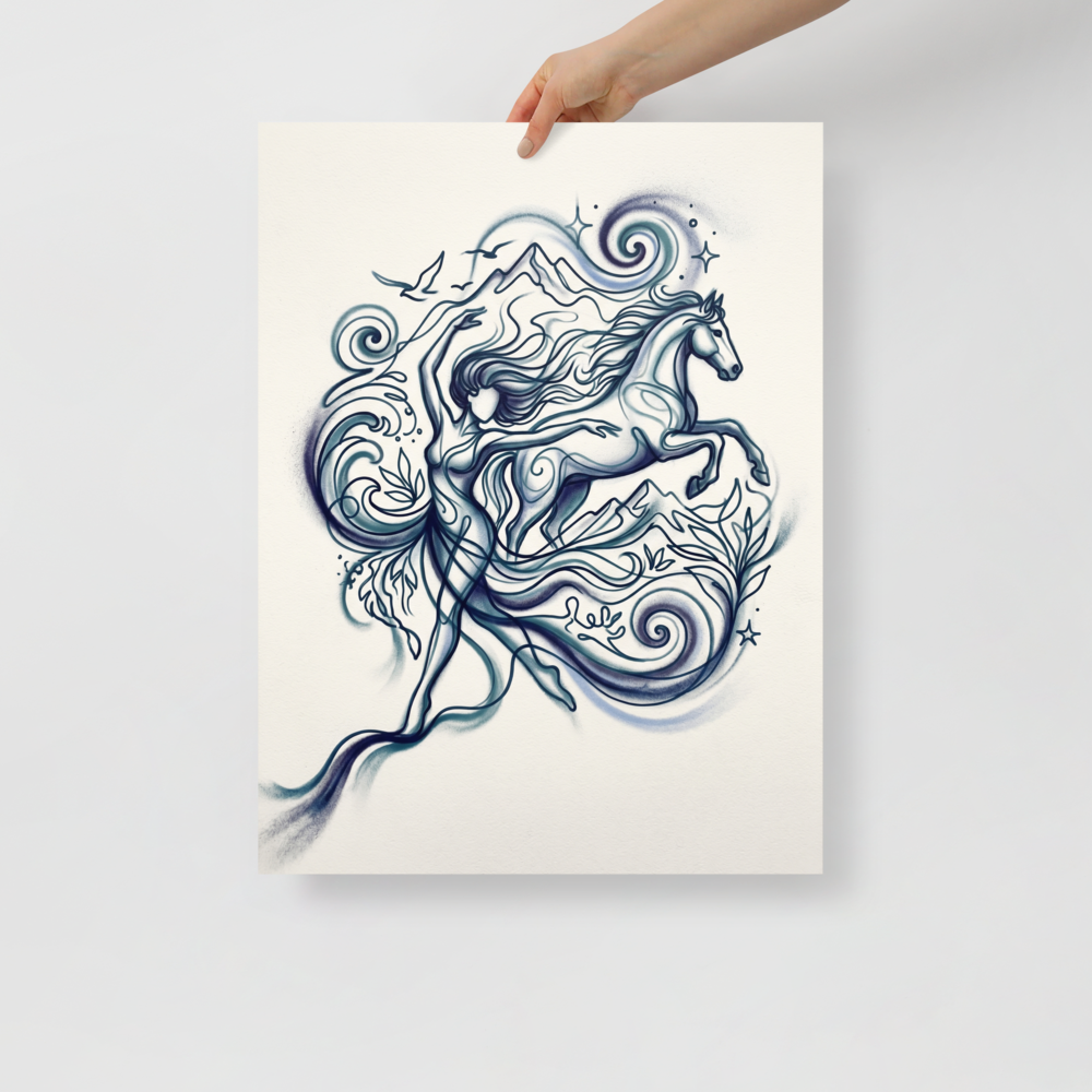 'Wind and Spirit' — a Arabesque,Figurative art print. Flowing airbrushed lines depict a woman dancing alongside a galloping horse, surrounded by mountains and waves, perfect for adding a mystical touch to a bedroom.
