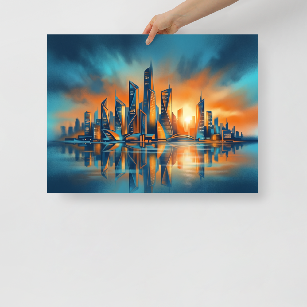 'Golden Hour Metropolis' — a Modernism print. A futuristic city skyline reflecting on water during sunset, adding a touch of modern elegance to an Office.