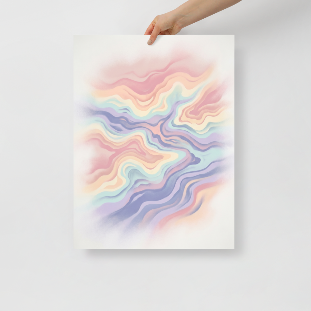 'Pastel Waves' — a Abstract art print. Soft, flowing waves of pastel pink, purple, and blue create a calming abstract pattern, perfect for a nursery or a relaxing bedroom.