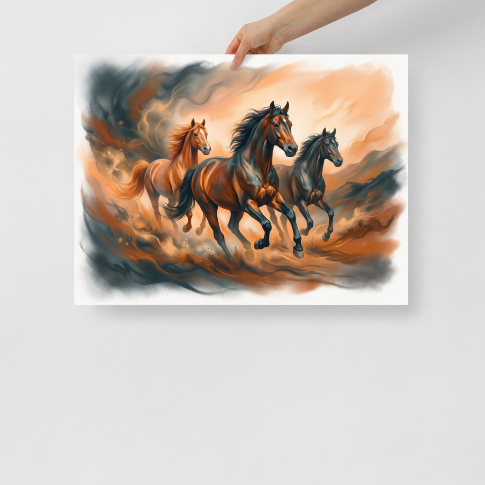 'Dust and Thunder' — a Realism print. Three horses galloping powerfully through a dusty, earth-toned landscape, creating a striking focal point for a Living Room.