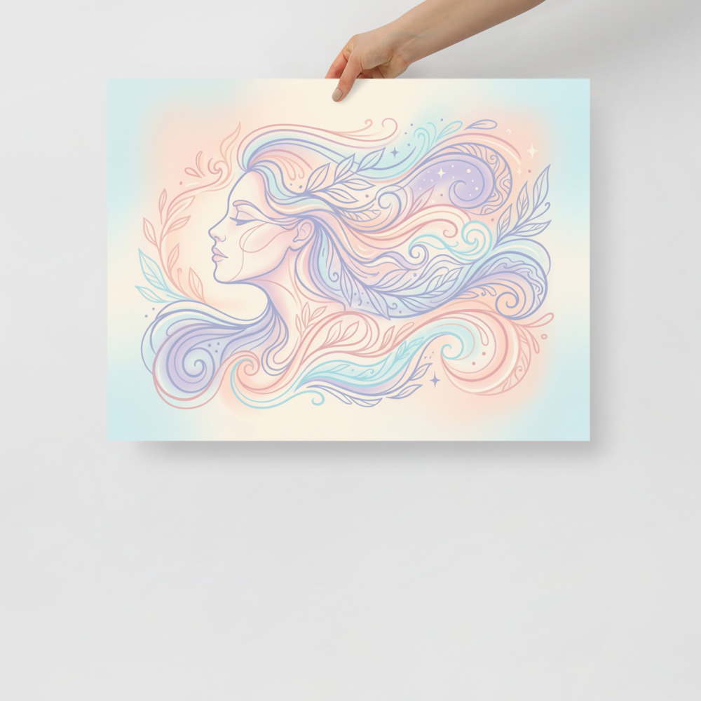 'Zephyr's Embrace' — a Arabesque,Figurative art print. A delicate profile of a woman with flowing, pastel hair intertwined with leaves and vines, adding a peaceful, dreamy vibe to a bedroom or living room.