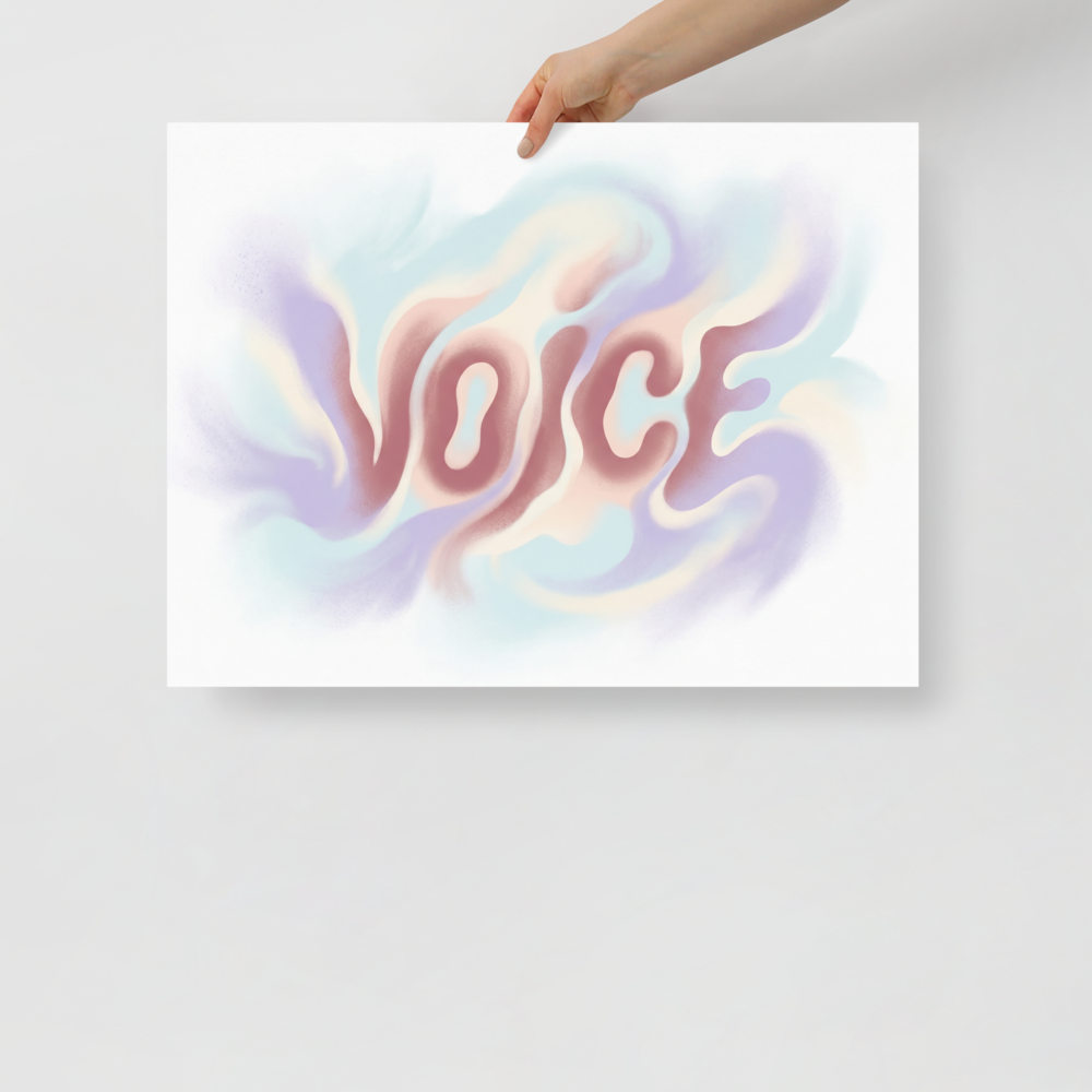 'Echoes of Voice' — a Pop art,Abstract art print. The word "VOICE" written in soft, wavy pastel lettering surrounded by dreamy smoke-like swirls, perfect for an inspiring home office or studio.