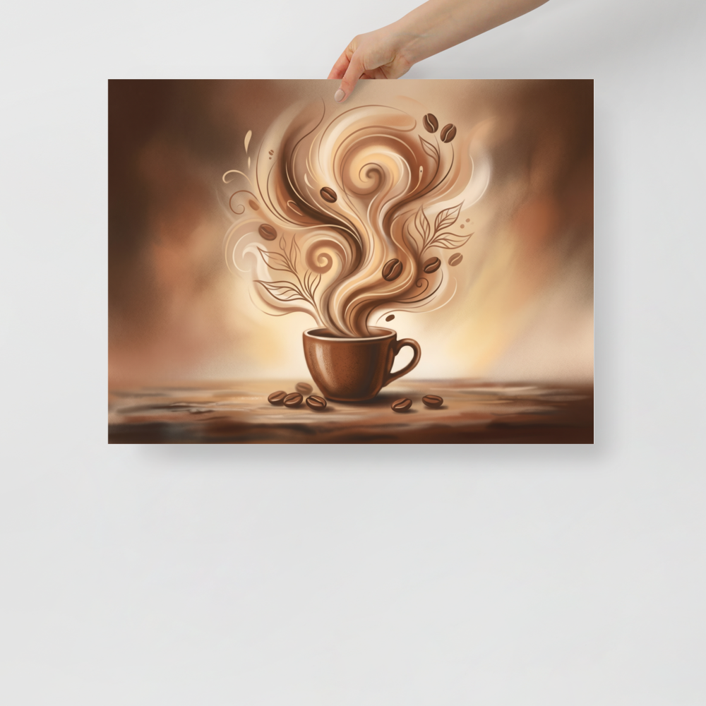 'Morning Swirl' — a Modernism print. A warm, stylized illustration of a coffee cup with swirling steam and beans, adding a cozy vibe to a Kitchen.