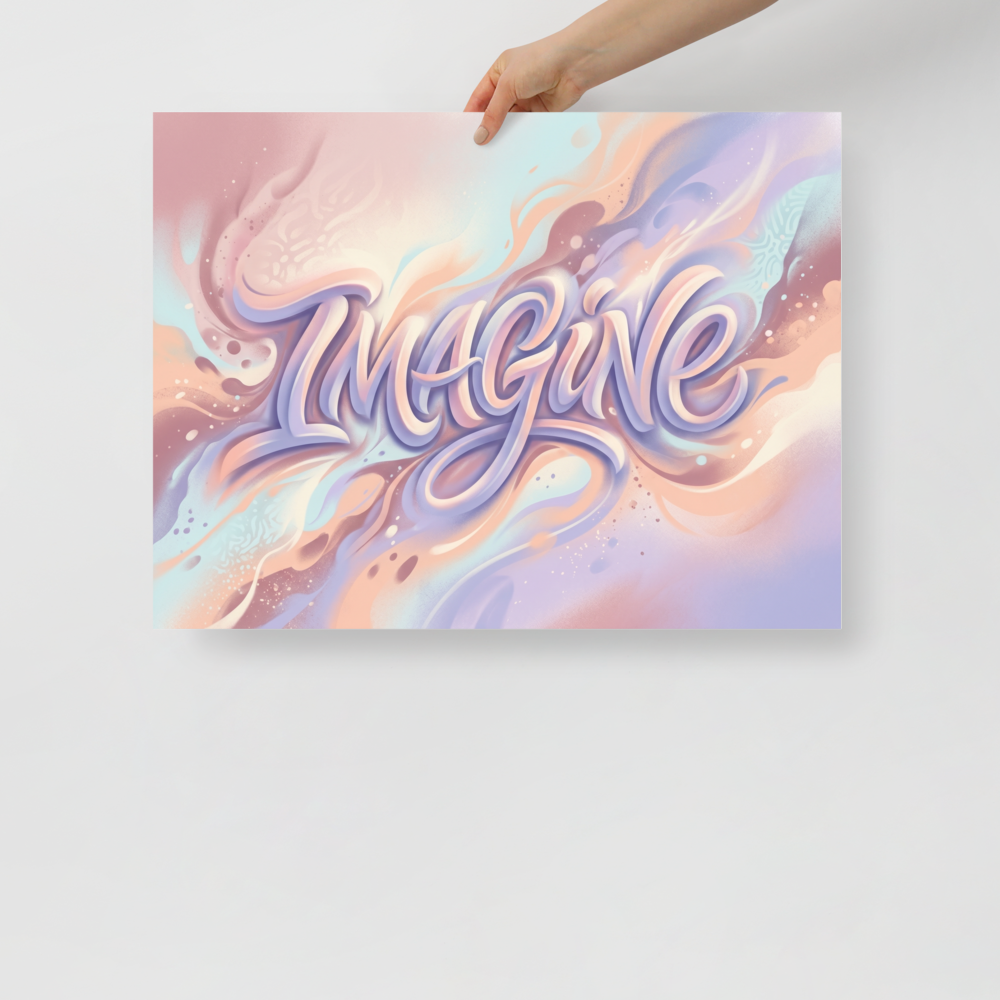 'Dreamer's Imagine' — a Pop art,Abstract art print. The word "IMAGINE" written in flowing, 3D cursive lettering against a swirling pastel background, adding a creative and inspiring touch to a playroom or office.