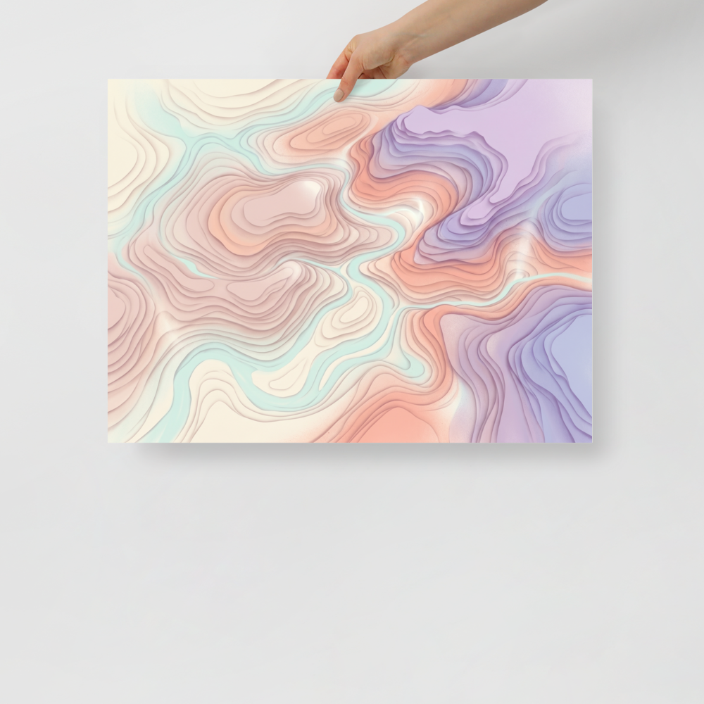 'Pastel Topography' — a Abstract art,Geometric abstract art print. An abstract design featuring layered topographic lines in soft pastel shades of pink, purple, and blue, perfect for adding depth to a modern living room or office.
