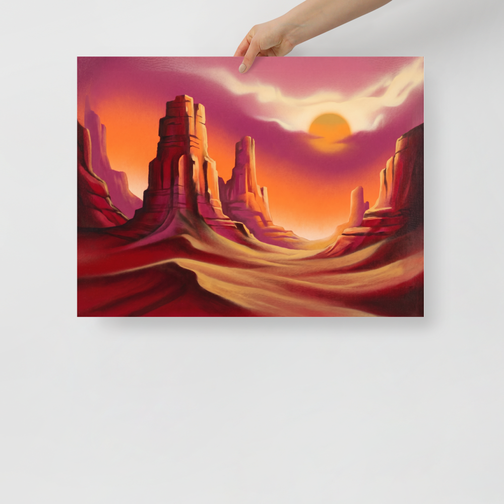 'Crimson Canyons' — a Realism print. A vibrant, smooth depiction of desert mesas at sunset, bringing a warm glow to a Living Room.