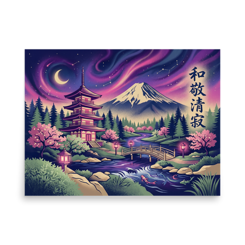 'Aurora Over Fuji' — a Japanese art print. A vibrant Japanese landscape featuring Mount Fuji, a pagoda, and cherry blossoms under a starry sky, bringing calm to a Bedroom.