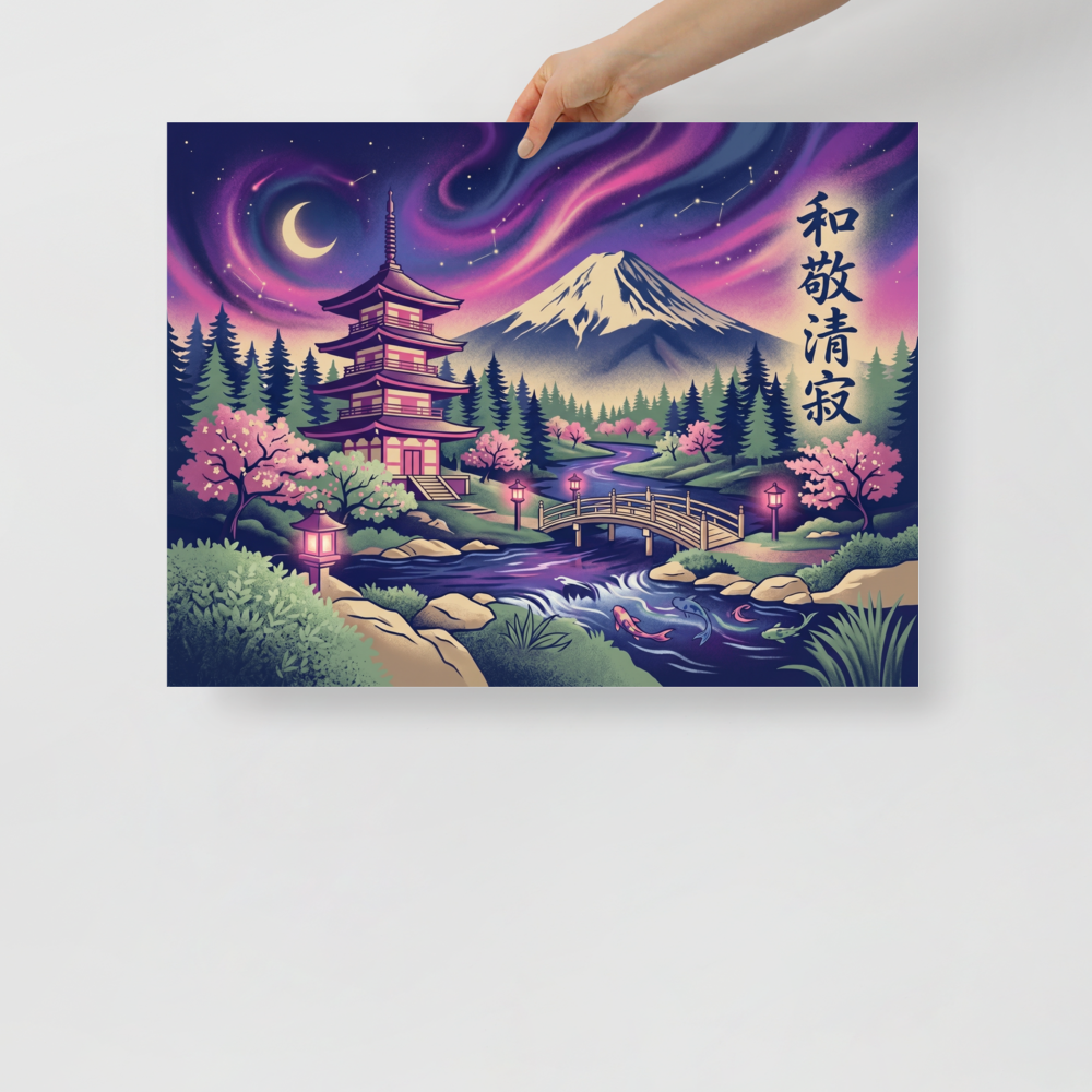 'Aurora Over Fuji' — a Japanese art print. A vibrant Japanese landscape featuring Mount Fuji, a pagoda, and cherry blossoms under a starry sky, bringing calm to a Bedroom.