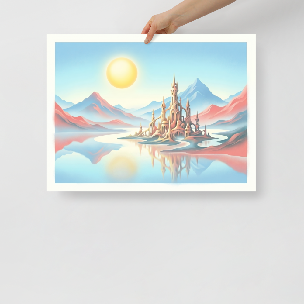 'The Pastel Palace' — a Fantastic realism print. A magical pastel palace reflecting on water under a large sun, perfect for adding wonder to a Playroom.