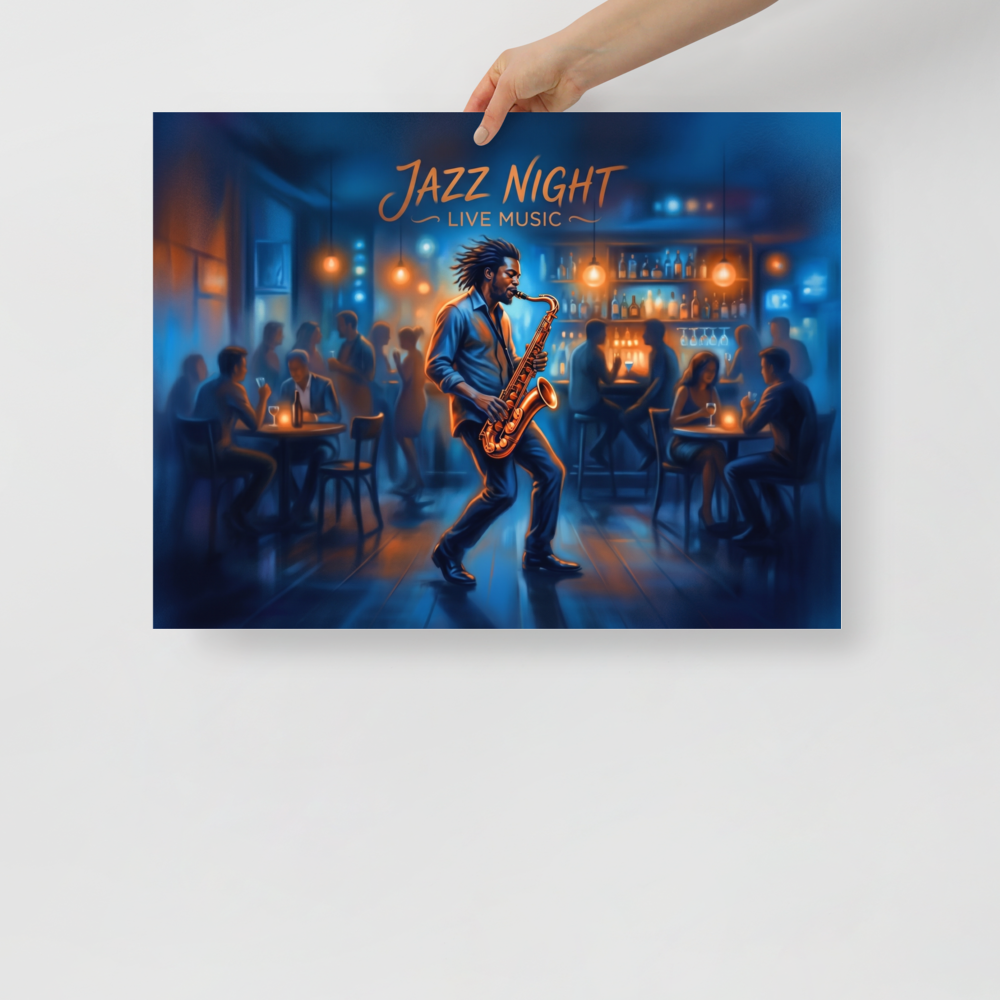 'Midnight Jazz Session' — a Modernism print. A lively jazz club scene with a saxophonist playing under warm orange lights, perfect for setting the mood in a Home Bar / Cellar.