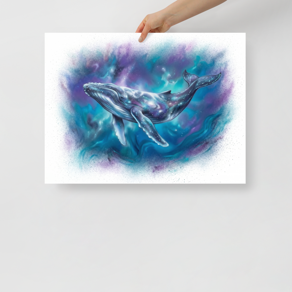 'Cosmic Voyager' — a Fantastic realism print. A magnificent whale swimming through a colorful, starry nebula, bringing deep space mystery to a Bedroom.