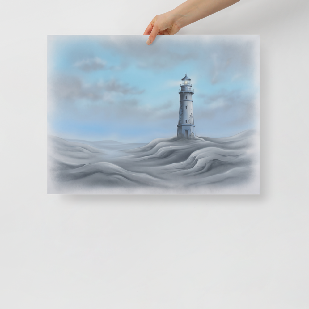 'The Silent Beacon' — a Realism print. A lonely lighthouse standing on soft, flowing dunes under an overcast sky, adding serenity to a Bathroom.