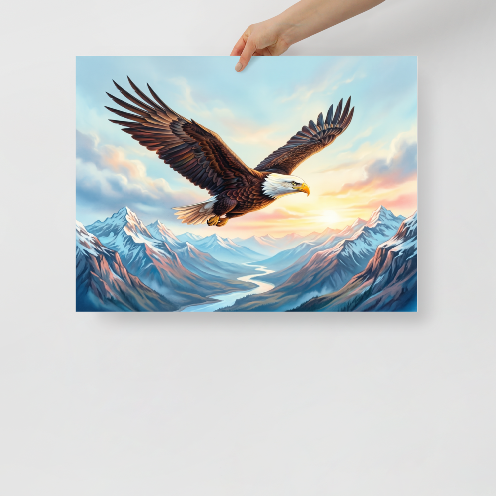'Valley Flight' — a Realism print. A majestic bald eagle flying over a dramatic mountain valley and river, making a proud statement in an Office.