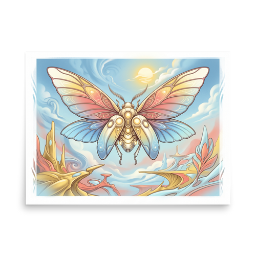 'Celestial Metamorphosis' — a Surrealism print. A stylized, glowing butterfly floating over a surreal pastel landscape, adding a dreamy touch to a bedroom.