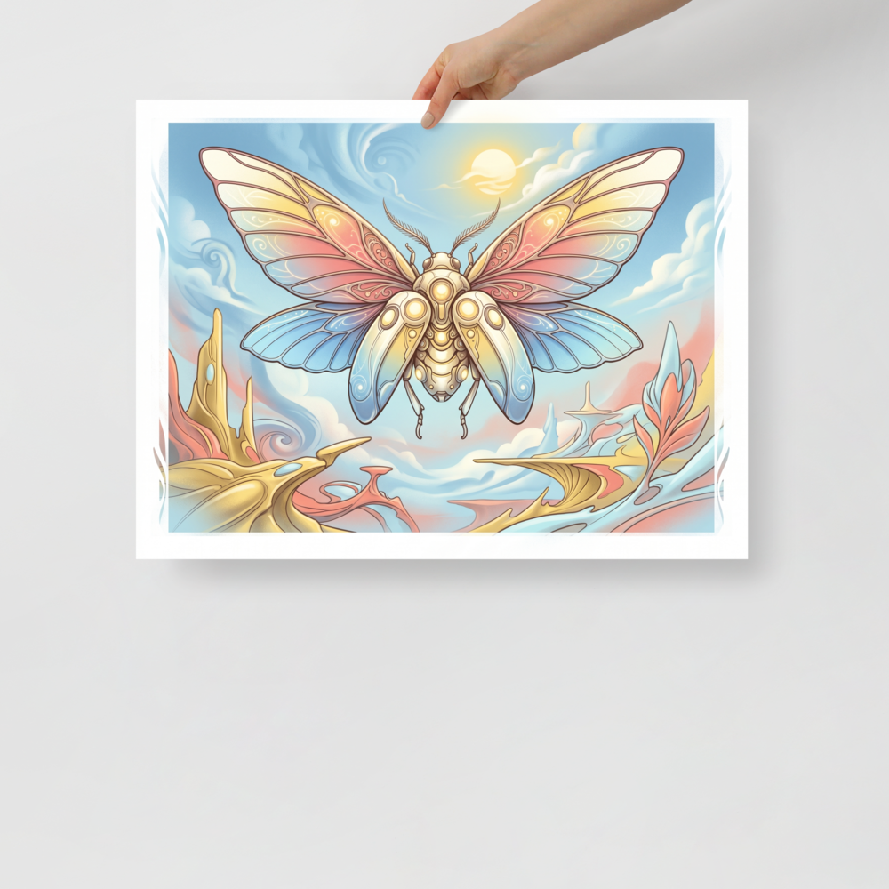 'Celestial Metamorphosis' — a Surrealism print. A stylized, glowing butterfly floating over a surreal pastel landscape, adding a dreamy touch to a bedroom.