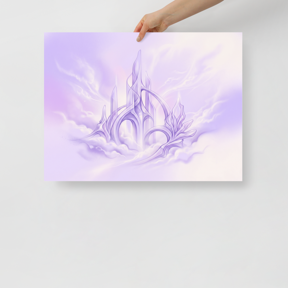 'Cloud City Crystal' — a Surrealism print. A soft pastel airbrush painting of a crystal castle floating in the clouds, perfect for a calming nursery.