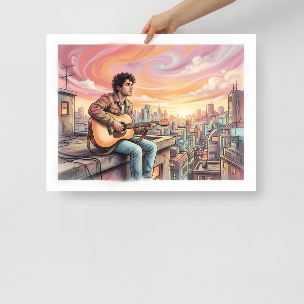 'Rooftop Rhythms' — a American Scene Painting print. An airbrush illustration of a young man playing guitar on a city rooftop at sunset, adding a creative vibe to an office.