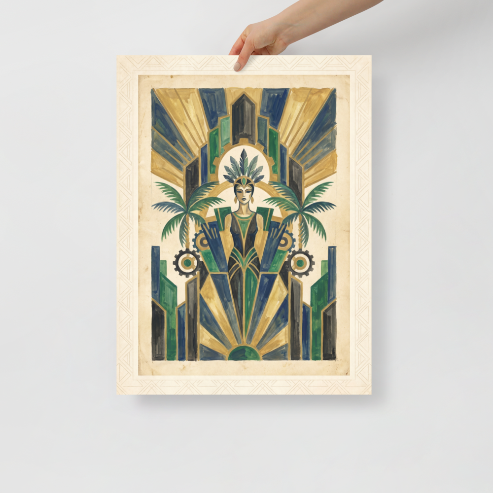 'The Deco Oasis' — a Art Deco print. An Art Deco illustration of a woman with a feather headdress flanked by palm trees and gears, ideal for adding elegance to a living room.