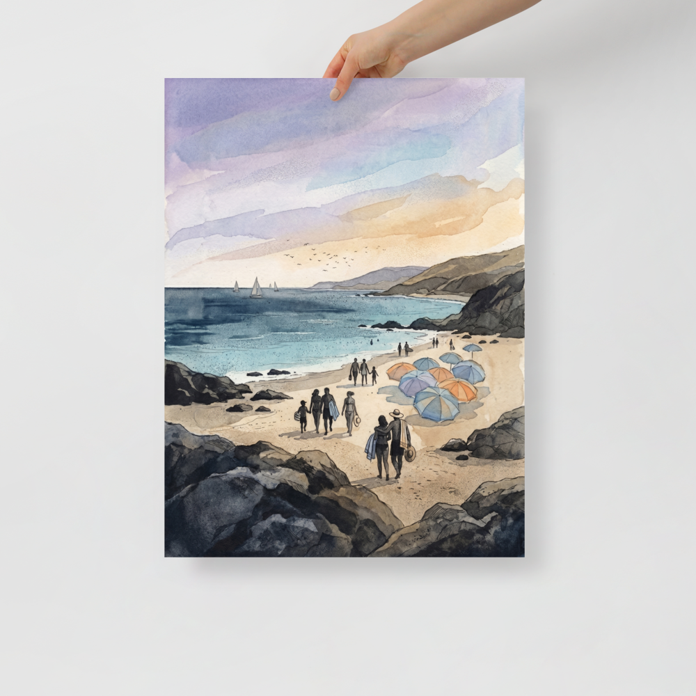 'Coastal Gathering' — a Impressionism print. A lively beach scene with people, sailboats, and rocky shores painted in soft tones, ideal for a Dining Room or Living Room.