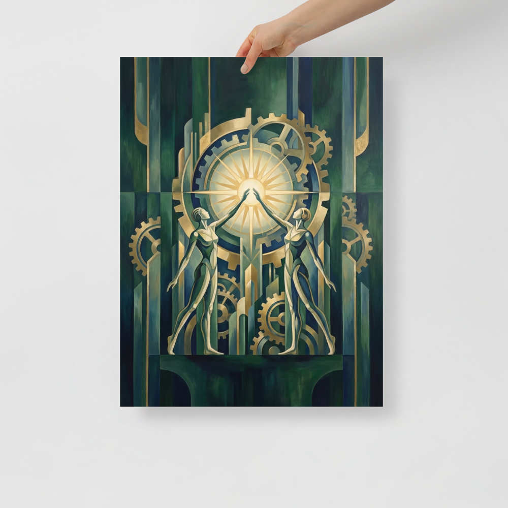 'The Mechanical Dawn' — a Art Deco print. An elegant Art Deco painting of two figures reaching for a glowing gear-shaped sun, ideal for a modern living room or office.