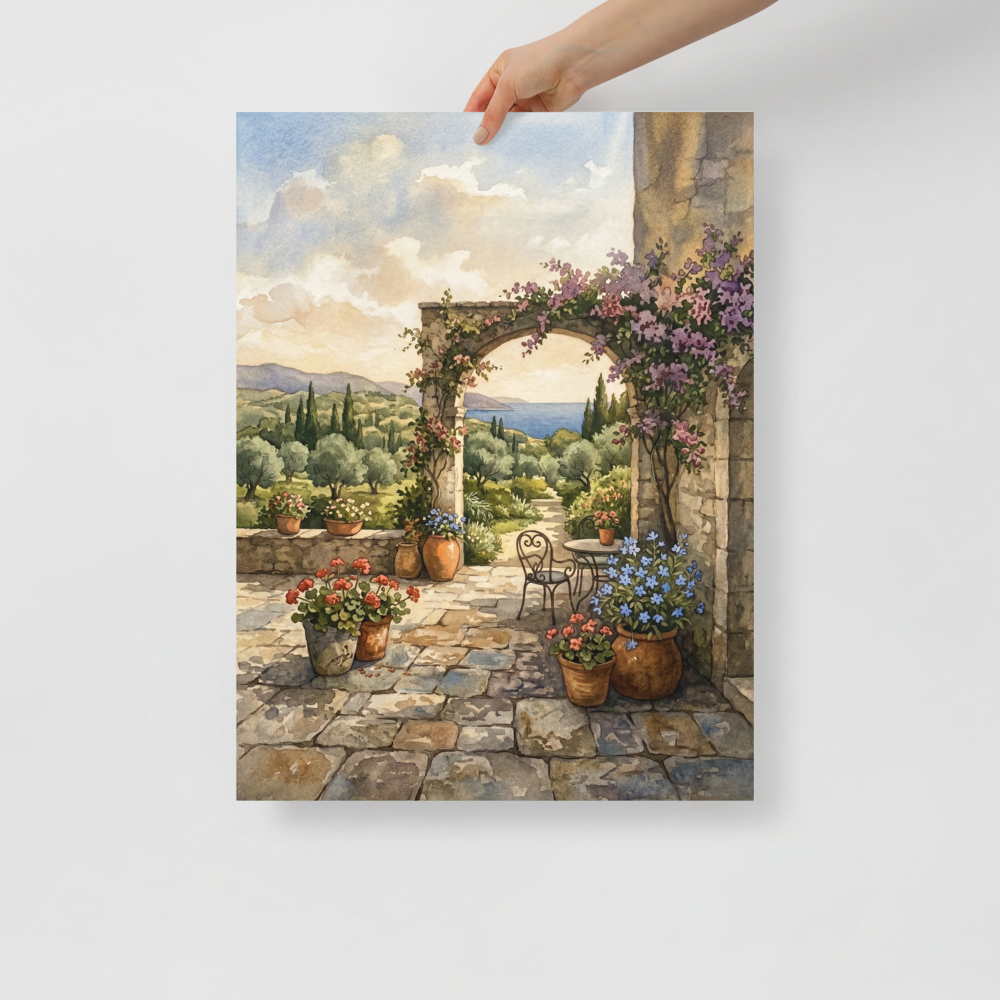 'Mediterranean Archway' — a Realism print. A rustic stone archway with purple flowers looking out over a serene landscape, a beautiful piece for a Sunroom / Conservatory.