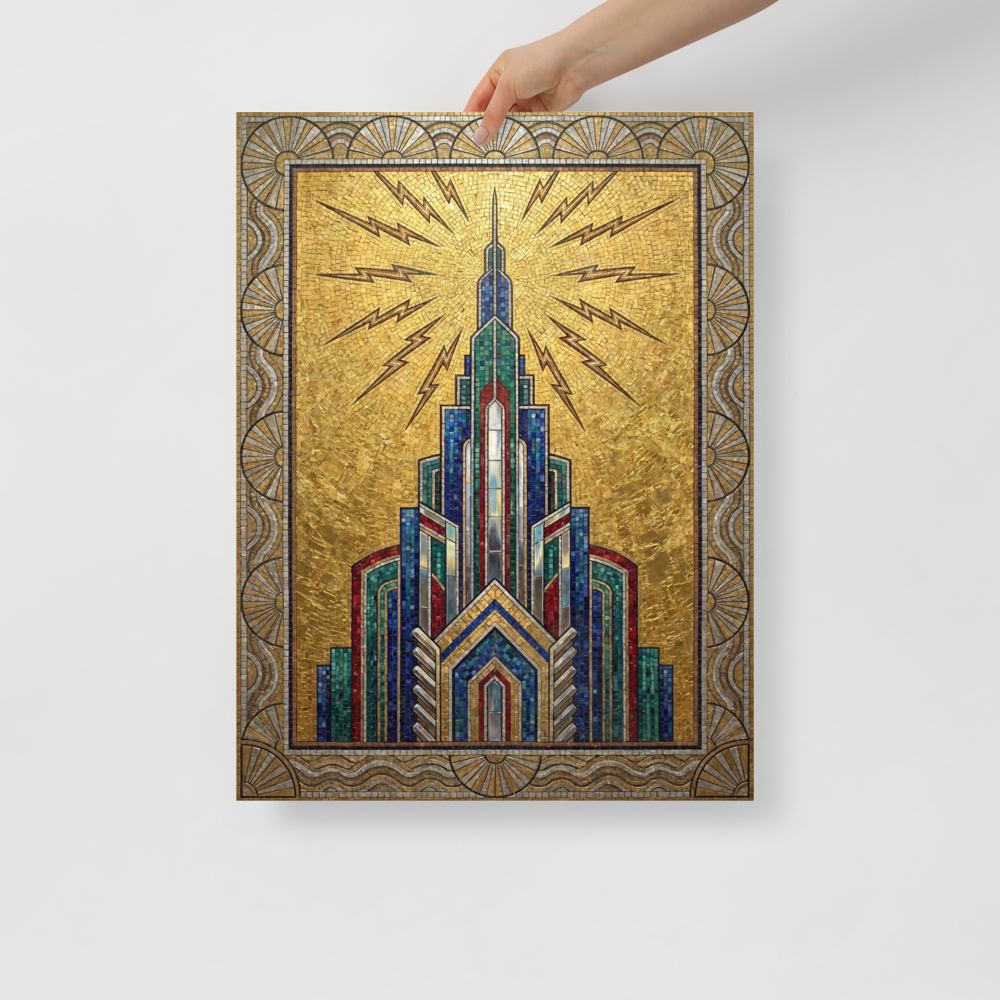 'The Golden Metropolis' — a Art Deco print. An Art Deco mosaic of a towering skyscraper emitting lightning bolts against a golden sky, perfect for a chic office space.