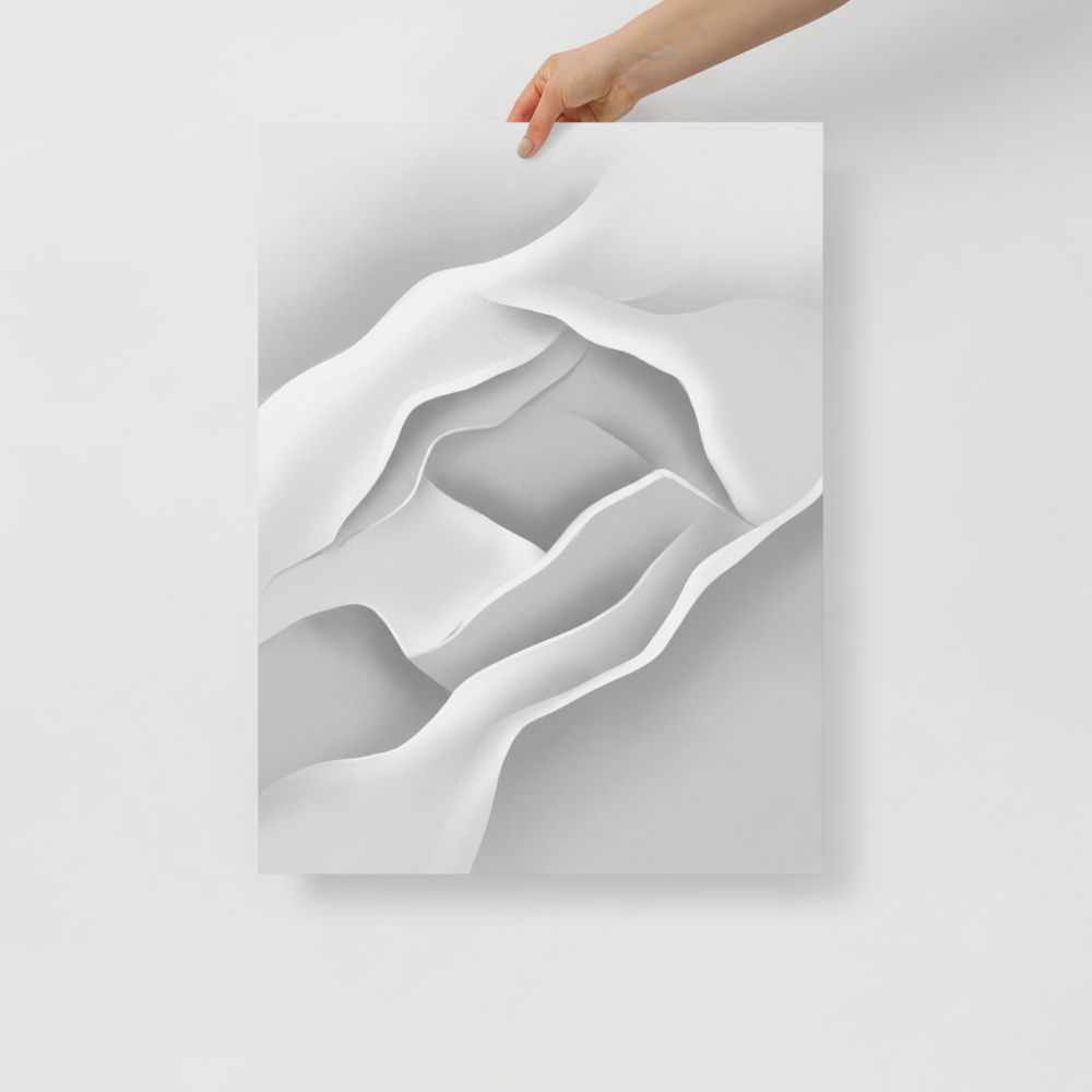 'White Silence' — a Minimalism print. A minimalist abstract airbrush painting featuring smooth white and light gray flowing curves, perfect for a calm entryway.