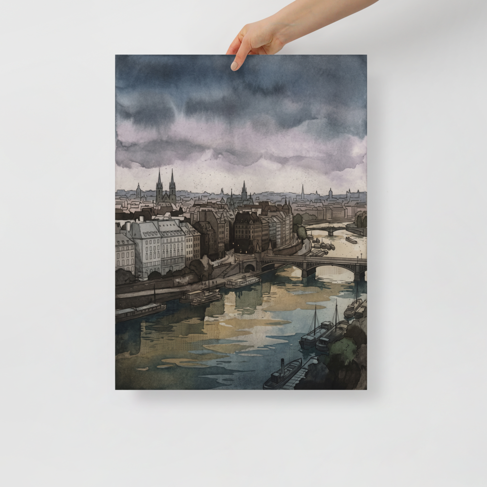 'Twilight Over the Seine' — a Impressionism print. A moody cityscape with a river, bridges, and historical buildings under a dramatic sky, perfect for an Office or Library.