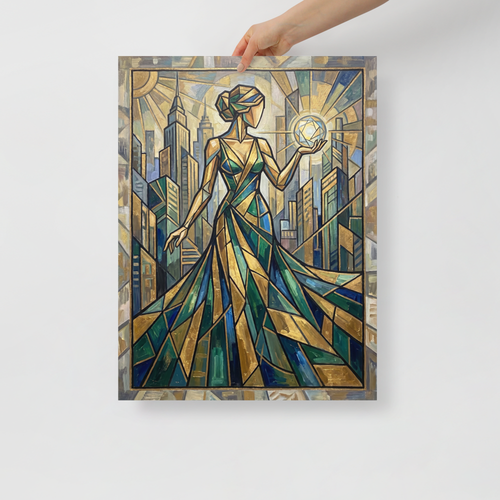 'City of Light' — a Art Deco print. An Art Deco painting of a stylized woman holding a glowing orb before a city skyline, ideal for an elegant living room.