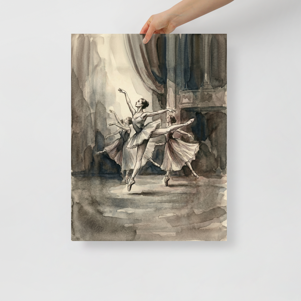 'En Pointe' — a Realism print. A monochromatic watercolor painting of ballet dancers performing gracefully, an elegant piece for a Bedroom or Studio.