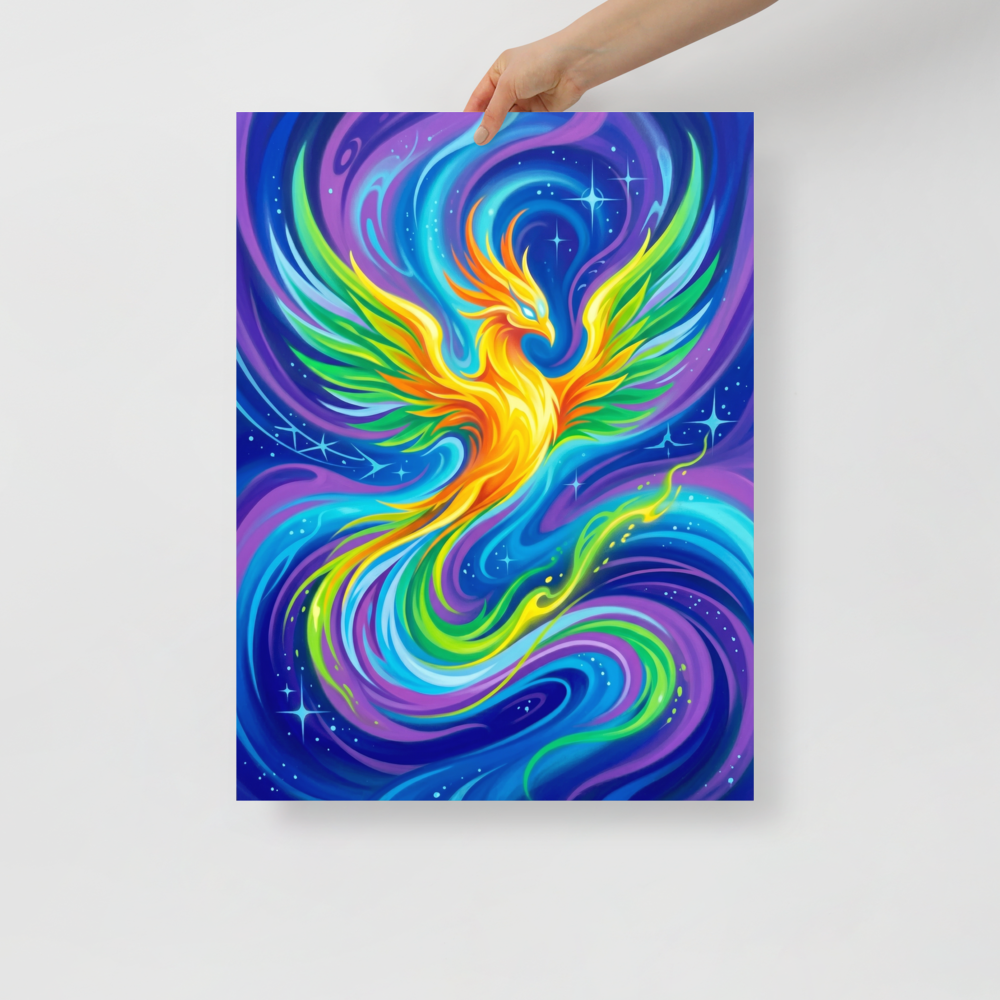 'Neon Phoenix' — a Psychedelic art print. A vibrant neon airbrush painting of a glowing phoenix in a cosmic sky, perfect for an exciting game room.