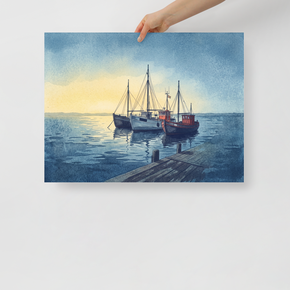 'Harbor Rest' — a Impressionism print. A tranquil harbor scene with fishing boats docked by a wooden pier under a soft sky, perfect for a Den / Snug.