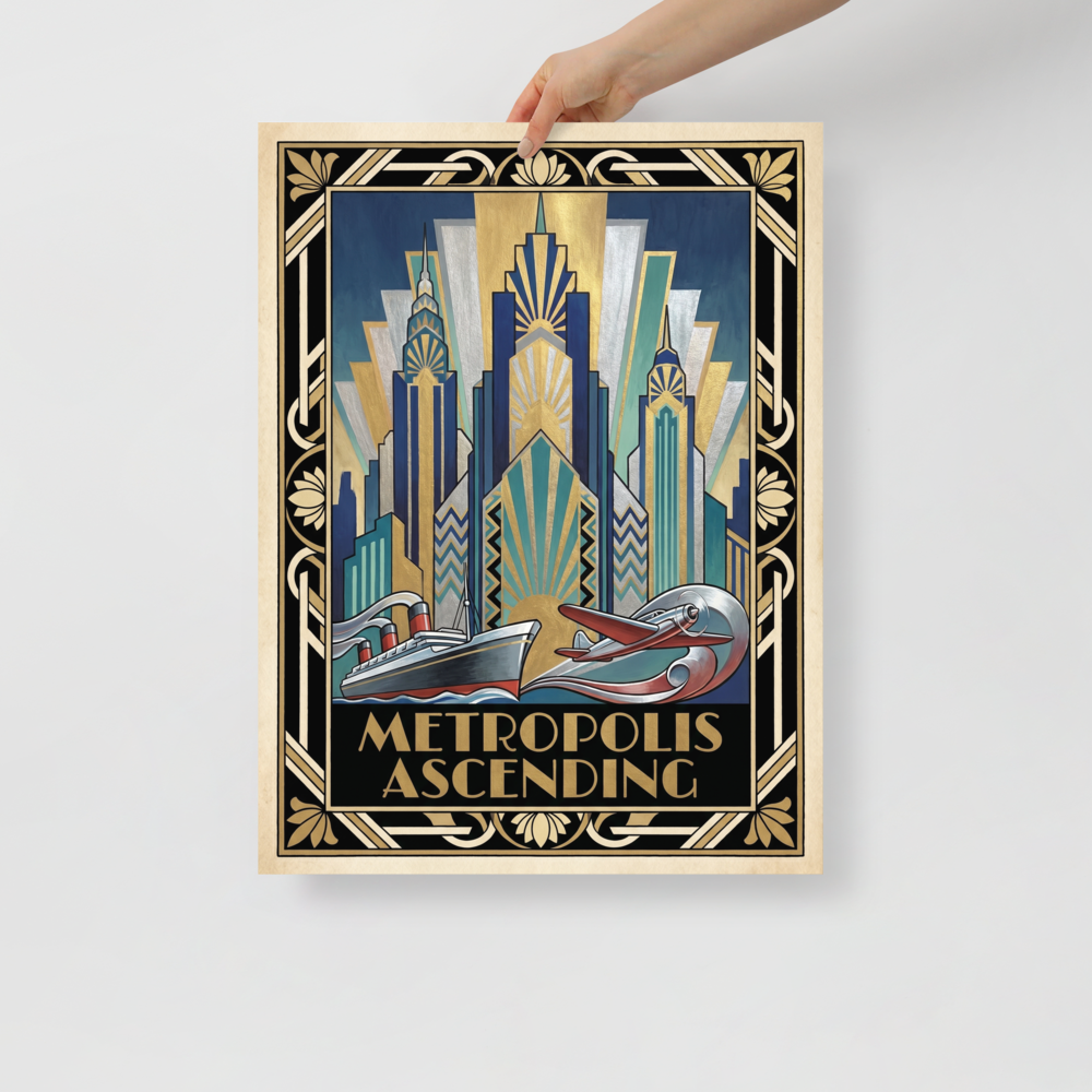 'Metropolis Ascending' — a Art Deco print. A dynamic Art Deco illustration featuring gold and blue geometric skyscrapers, an ocean liner, and an airplane, perfect for a lively office or living room.
