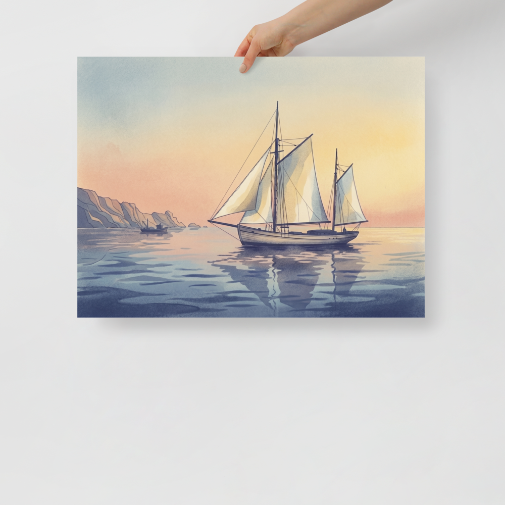 'Golden Voyage' — a Impressionism print. A serene watercolor of a sailboat on calm waters with a warm sunset sky and rugged coastline, a beautiful addition to a Living Room.