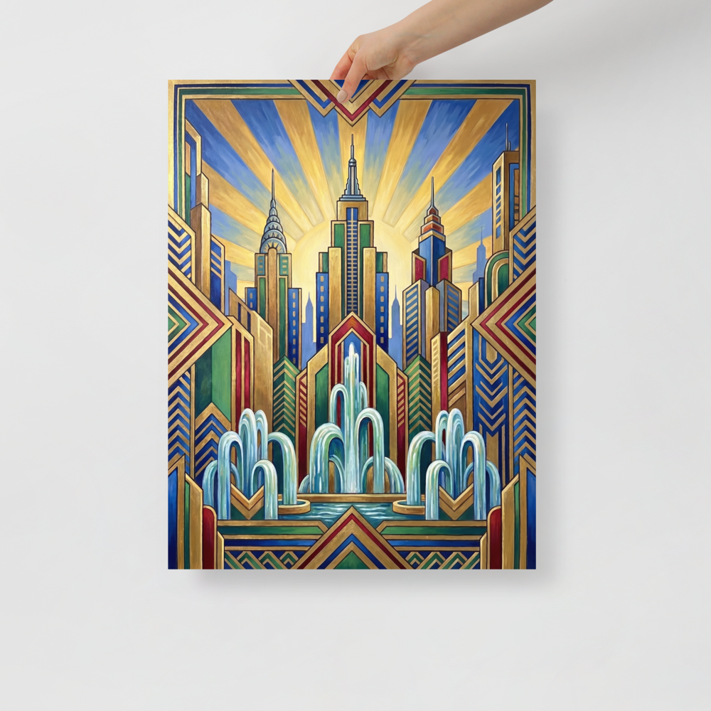 'The Fountain of Progress' — a Art Deco print. A colorful Art Deco painting of cascading fountains set against a geometric city skyline and a rising sunburst.