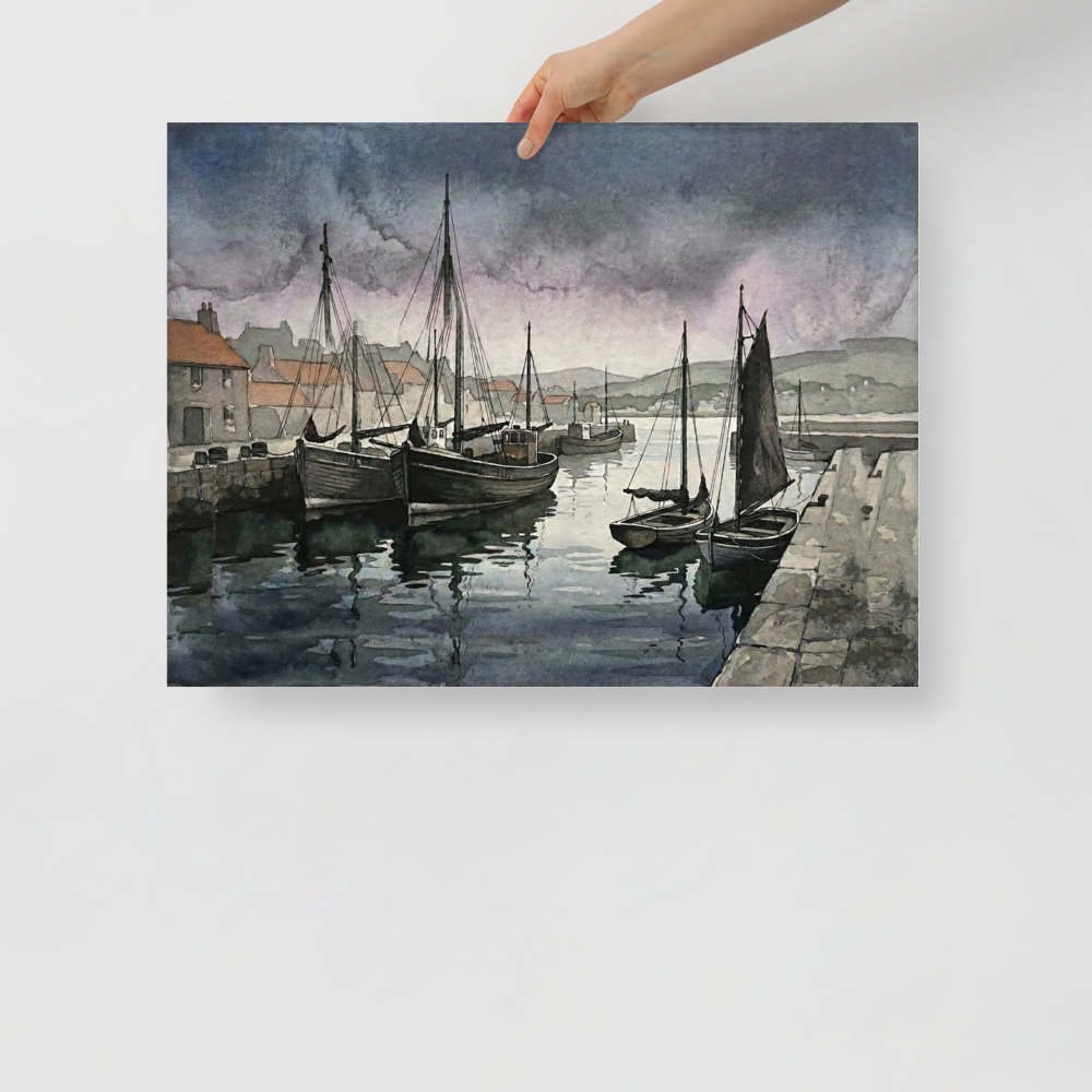 'Harbor at Dusk' — a Realism print. Watercolor painting of fishing boats moored in a calm harbor under a dark, stormy sky, perfect for a moody living room.