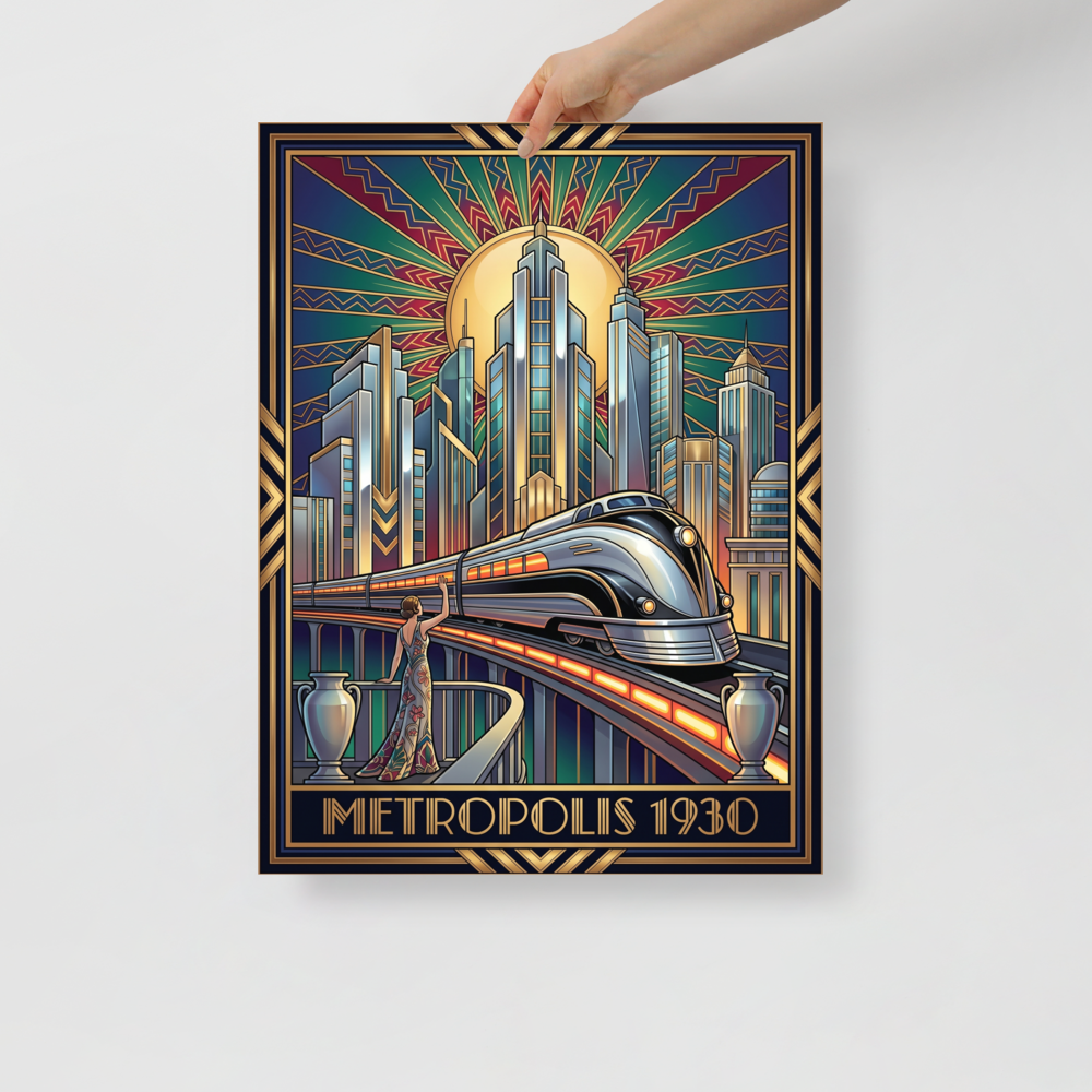 'Monochrome Metropolis' — a Art Deco print. A bold black and white Art Deco painting of a stylized city with cars and winding roads.