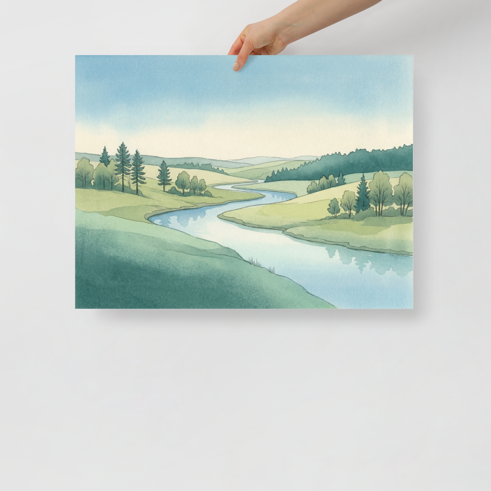 'Valley Stream' — a Realism print. Serene watercolor landscape of a winding river flowing through rolling green hills, perfect for a calm living room.