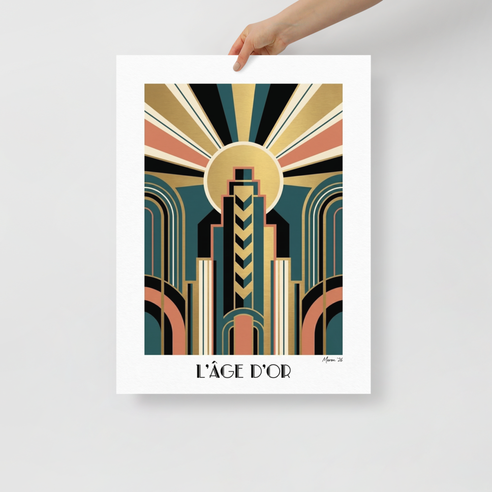'Metropolis 1930' — a Art Deco print. An Art Deco travel poster reading Metropolis 1930, showing a woman watching a sleek train pass by a glowing city.