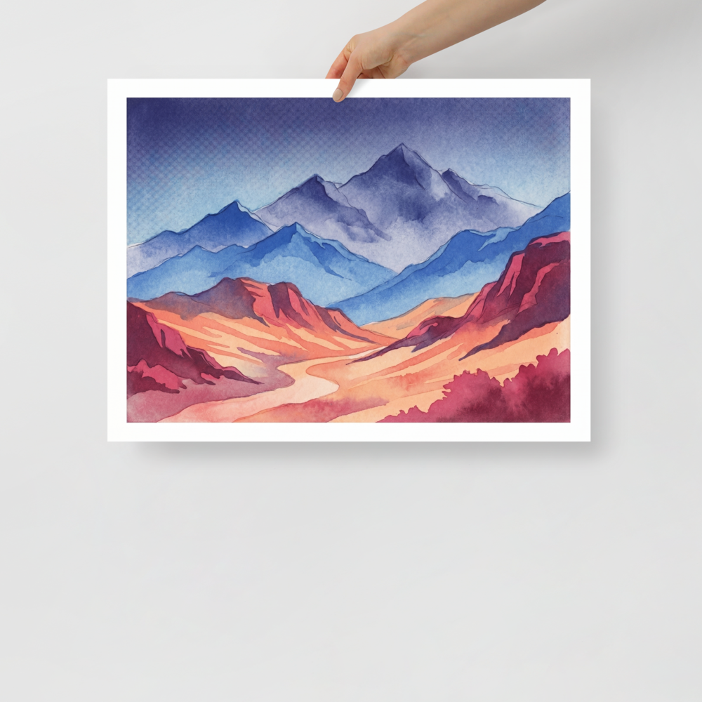 'Mountain Dawn' — a Realism print. Vibrant watercolor landscape painting showing cool blue mountain peaks rising above warm orange and red valleys, perfect for an inviting living room.