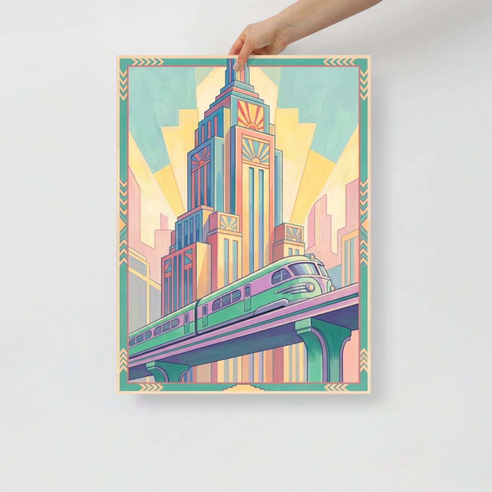 'The Pastel Express' — a Art Deco print. An Art Deco painting of a green and purple train passing by a tall skyscraper painted in soft pastel colors.