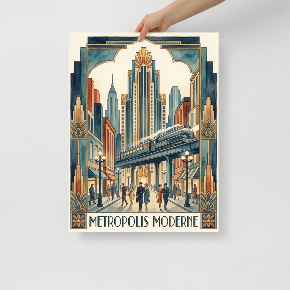'Metropolis Moderne Stroll' — a Art Deco print. A watercolor illustration of people in vintage clothing walking down a grand city street beneath an elevated train, an elegant addition to a hallway or living room.