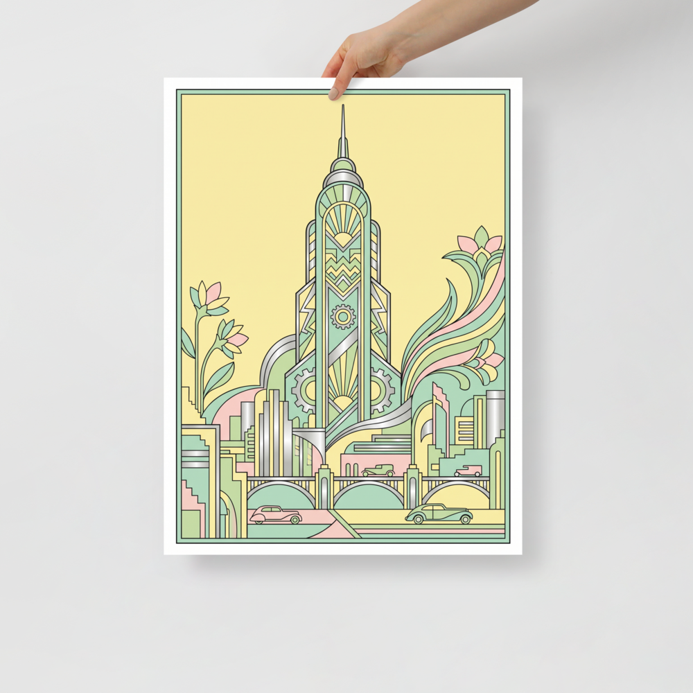 'The Emerald Spire' — a Art Deco print. A stylized, geometric tower surrounded by floral motifs in soft pastel shades, a striking piece for a bedroom or sunroom.