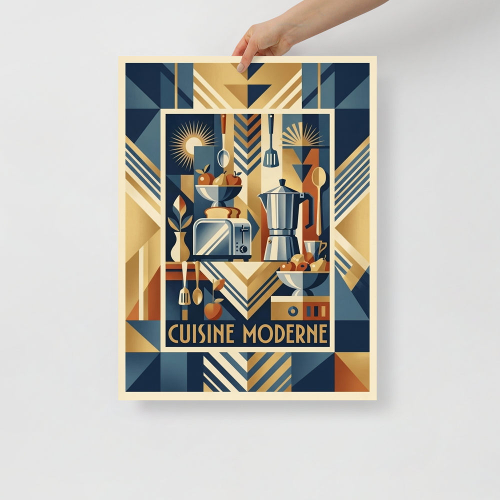 'Cuisine Moderne' — a Art Deco print. A bold, geometric still life featuring a toaster and coffee maker in striking shapes and colors, perfect for a kitchen or dining room.